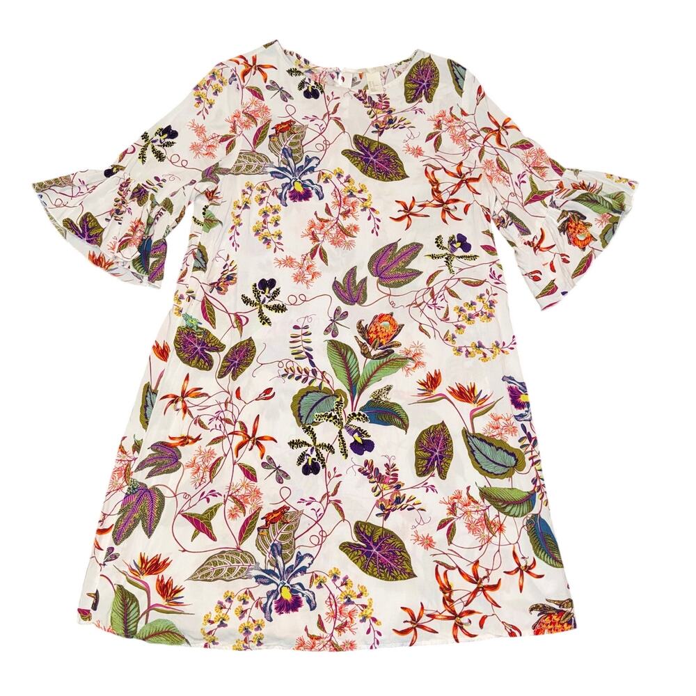 Women's US 12 White Tropical Botanical Floral Trumpet Sleeve Mini Shift Dress